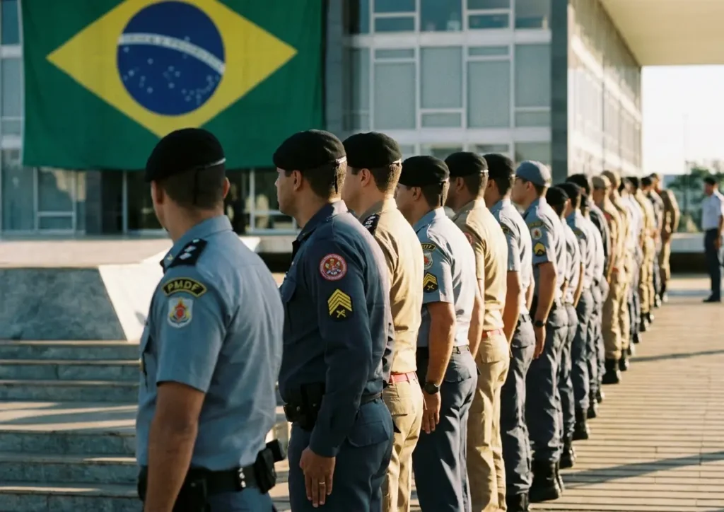 Fileira de policiais militares e bombeiros do DF de costas em formação nas escadarias de prédio público, uniformes e insígnias visíveis, luz natural.