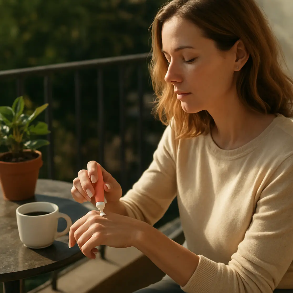 Mulher de perfil aplicando protetor solar colorido na mão, varanda ensolarada com café e plantas