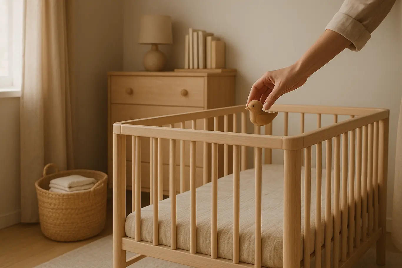 Visão lateral do berço e cômoda em quarto de bebê neutro com mão colocando brinquedo
