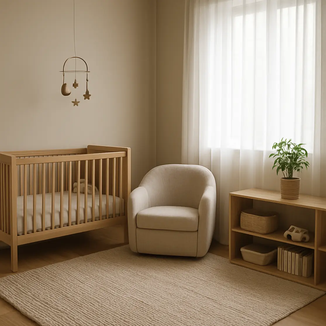 Visão ampla do quarto de bebê neutro com berço, poltrona e estante
