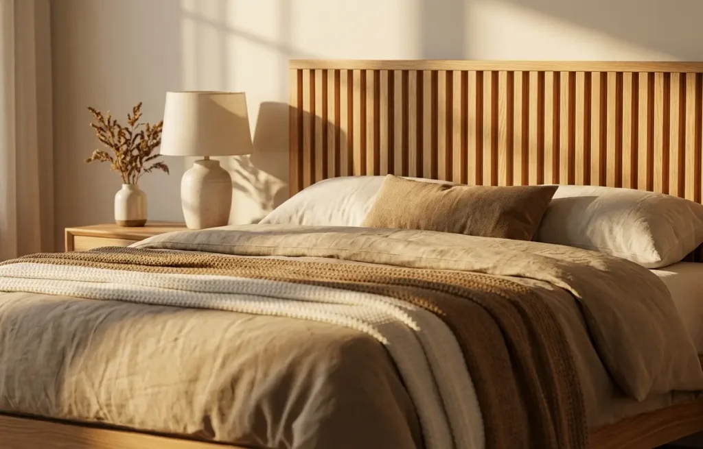 Close-up de cama com cabeceira ripada em madeira natural, roupa de cama terrosa e abajur, iluminação dourada