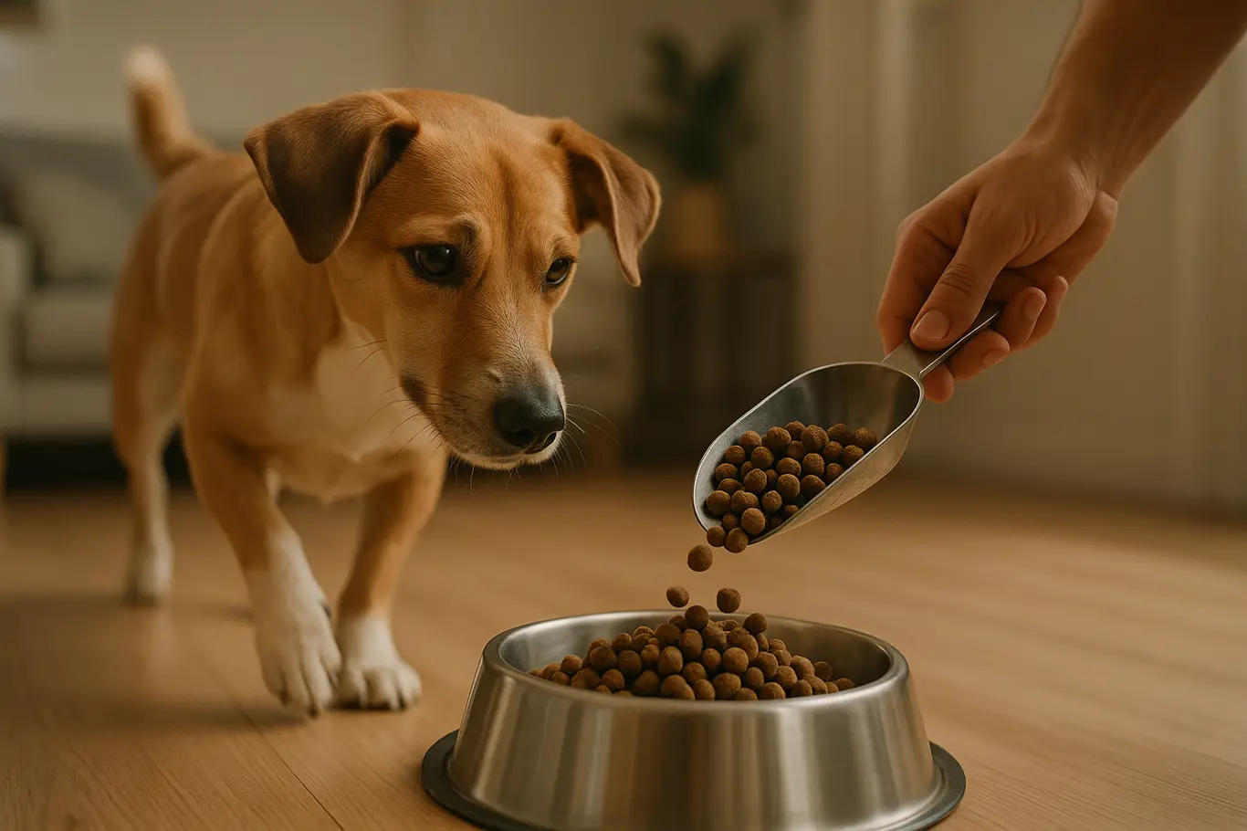 Cachorro aproximando-se de tigela enquanto é servido ração por uma mão, vista em 3/4