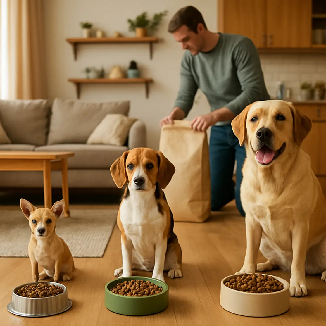 Três cães de portes diferentes junto a tigelas com ração em sala de estar, cena ambiental