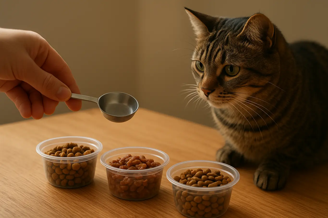 Gato observando três potes com diferentes tipos de ração em bancada, mão segurando colher de medir