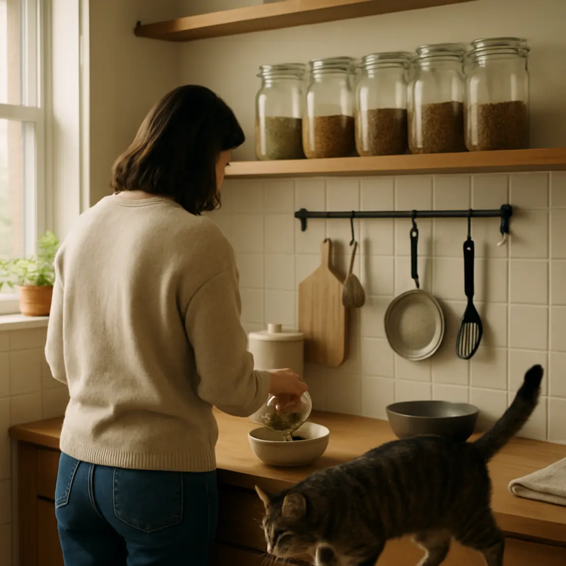 Cozinha com estação de alimentação organizada, pessoa de costas preparando ração, gato próximo