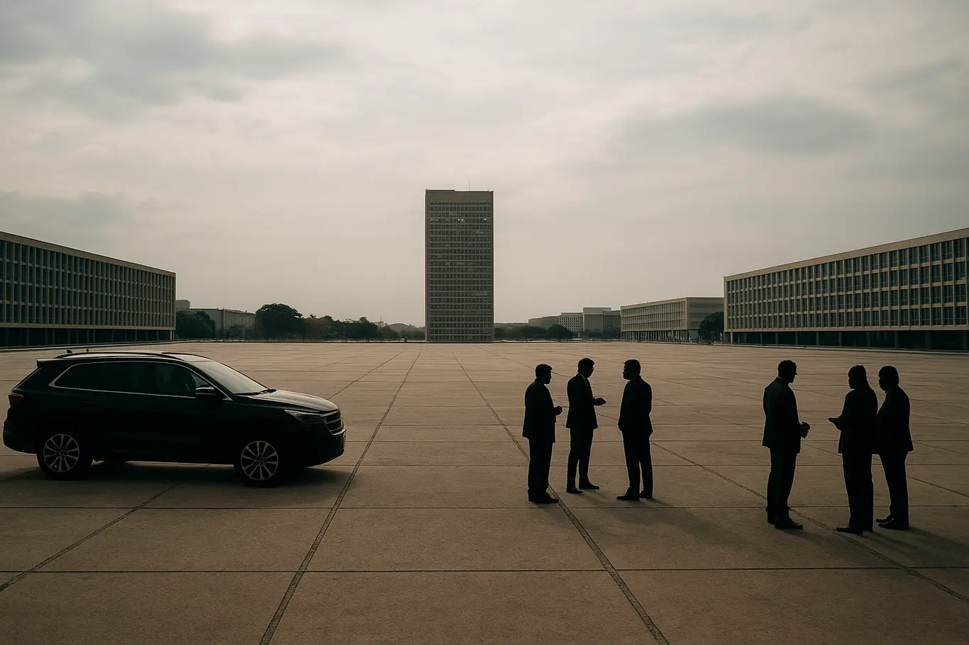 Esplanada dos Ministérios com edifício bancário ao fundo, SUVs executivas e silhuetas em grupos na praça