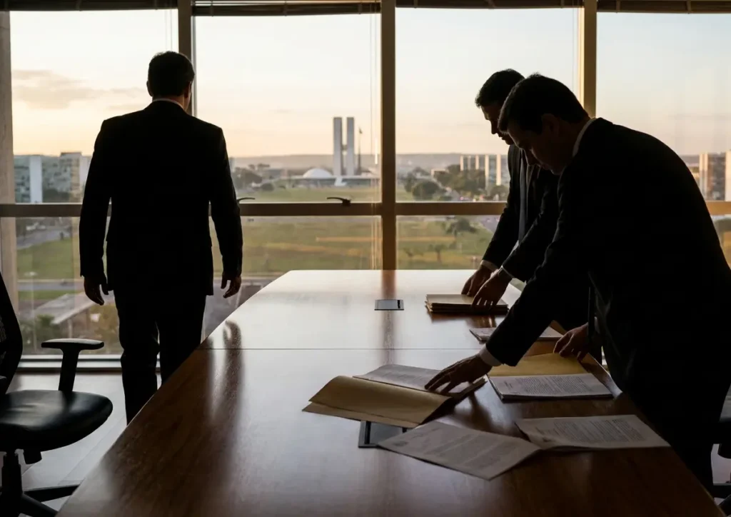 Sala de reuniões com três silhuetas em trajes executivos, uma se afasta e duas apoiam pastas na mesa, janela com vista de Brasília ao fundo