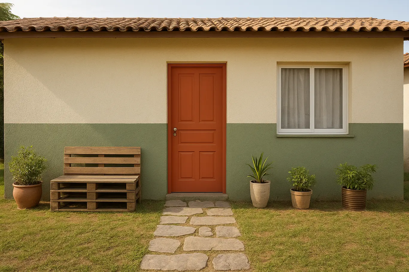 Fachada repaginada com pintura bicolor, vasos reaproveitados e banco de pallet