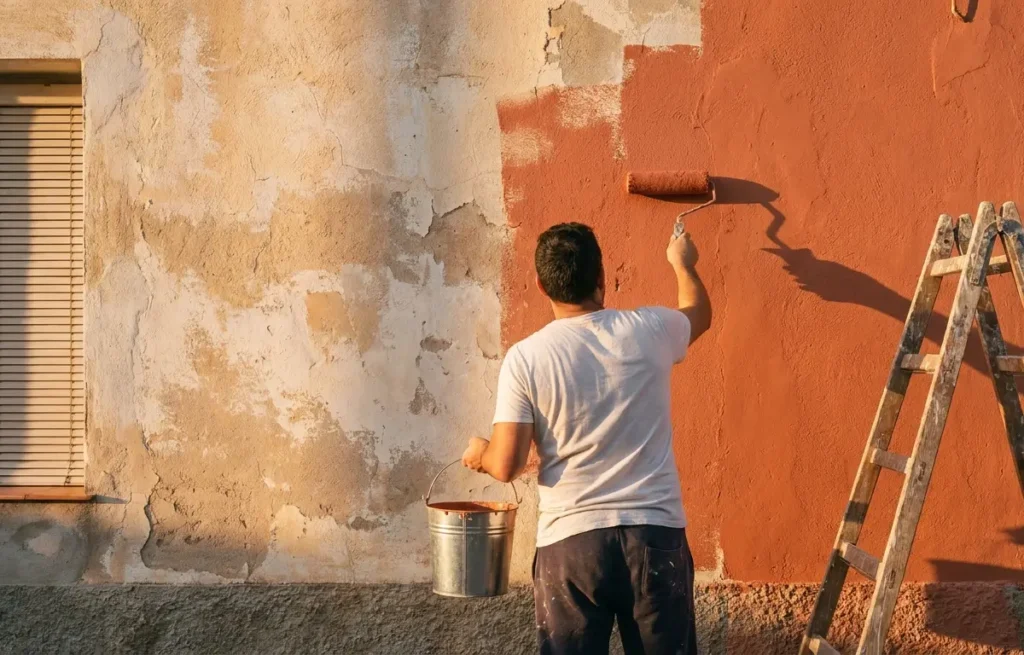 Pessoa de costas pintando fachada terracota com rolo, tarde dourada