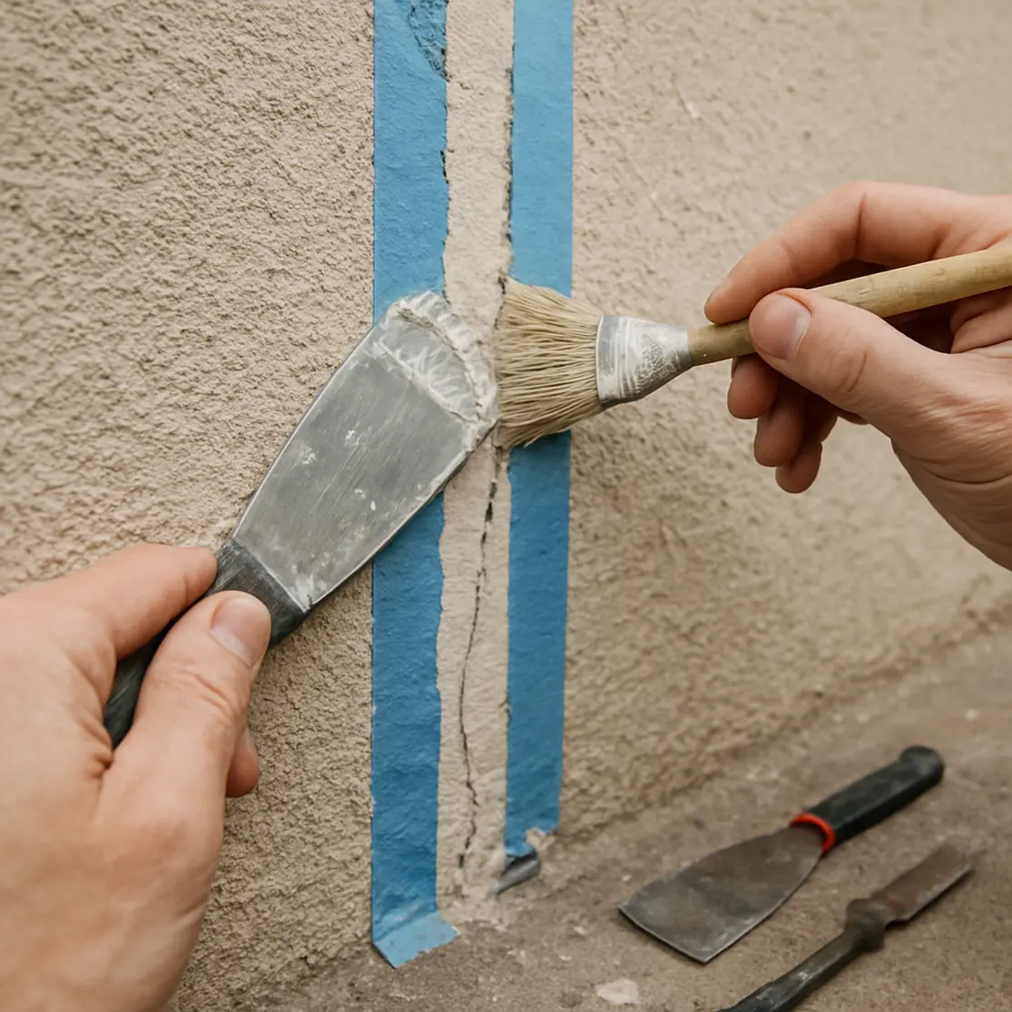 Mãos aplicando massa e lixando rachadura na fachada, ferramentas simples