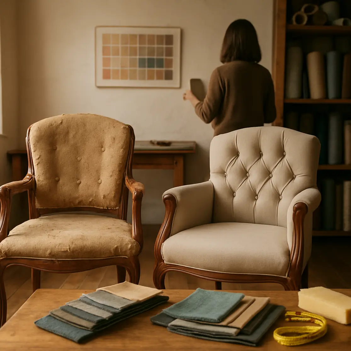 Atelier de estofamento com cadeiras antes e depois, mesa com amostras e rolos de tecido ao fundo.