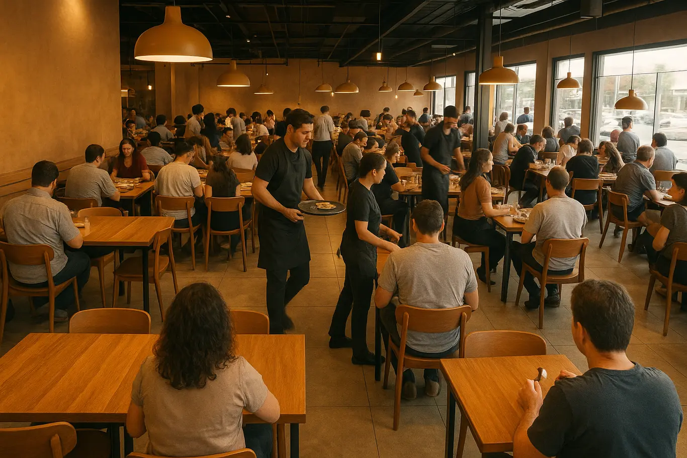 Visão ampla do salão movimentado com mesas cheias e equipe em atividade