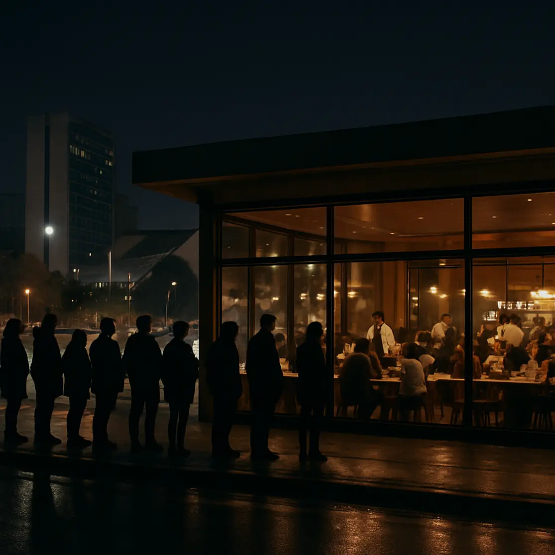 Fachada iluminada do restaurante à noite com fila de pessoas na calçada
