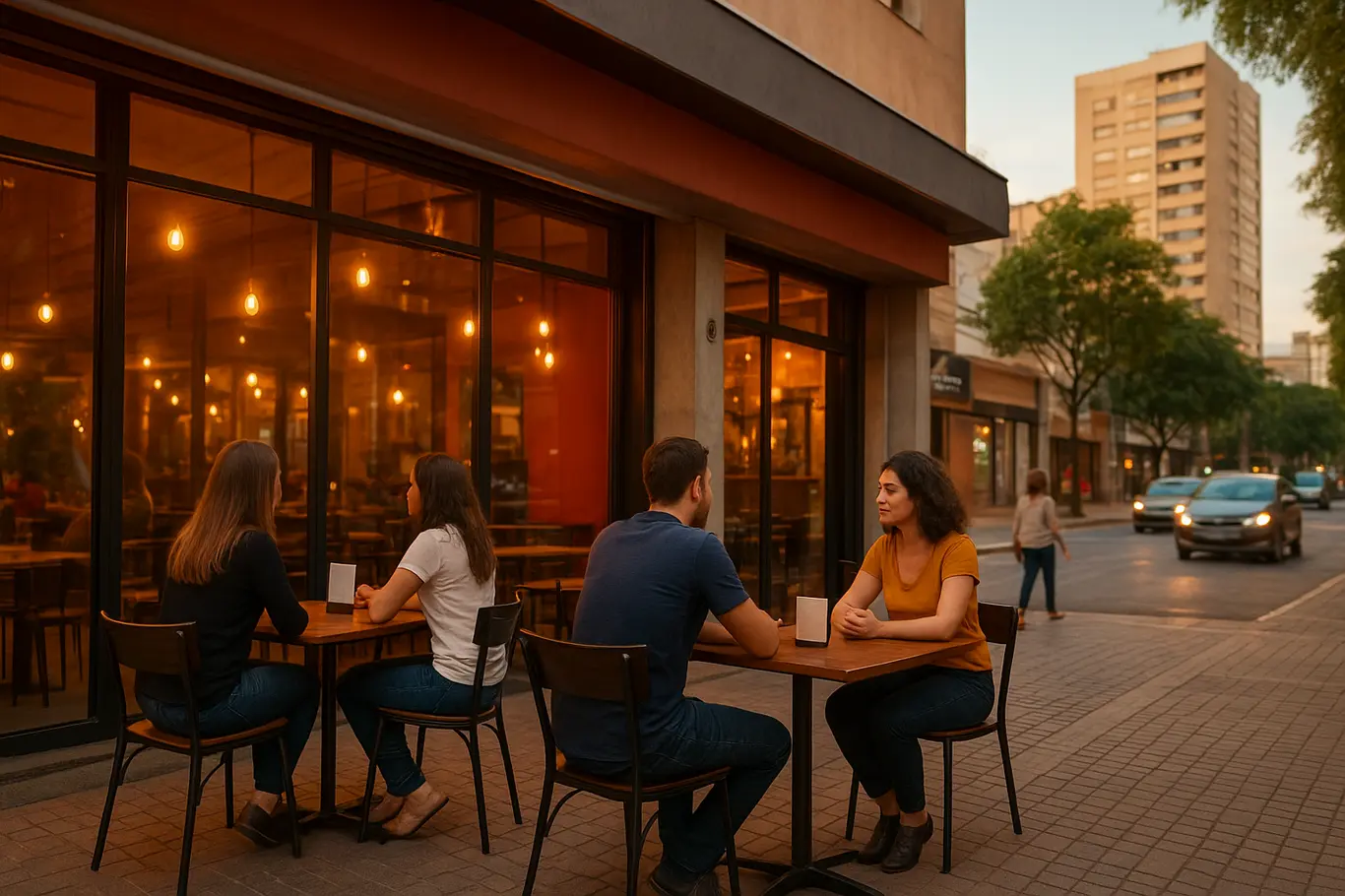 Fachada de restaurante com mesas externas e clientes de costas em Brasília no feriado