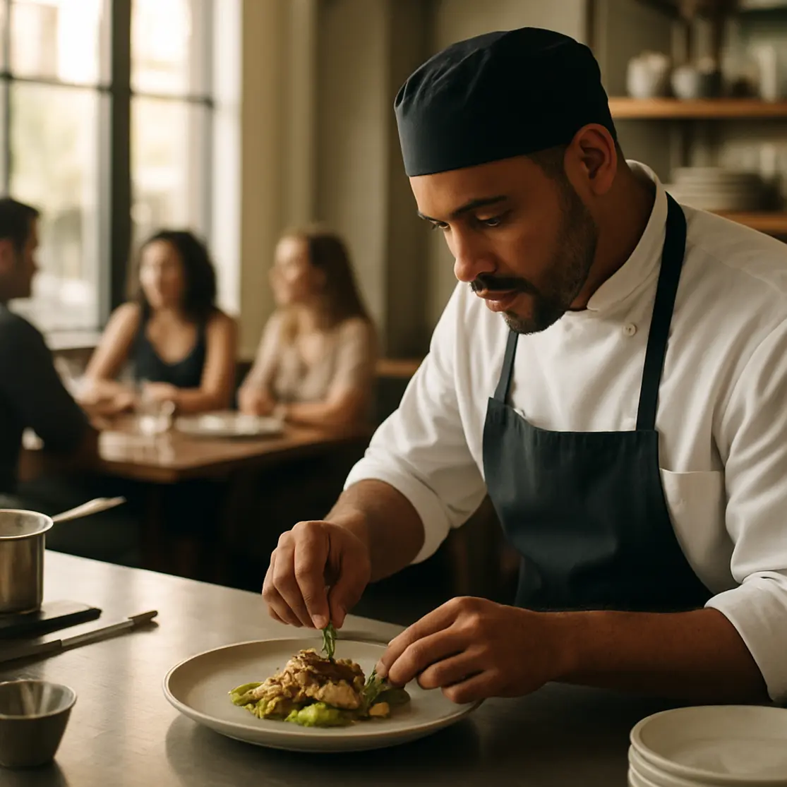 Chef em 3/4 finalizando prato na cozinha aberta de restaurante em Brasília