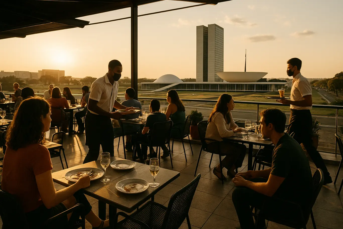 Terraço de restaurante em Brasília com mesas ocupadas e silhueta do Congresso ao fundo