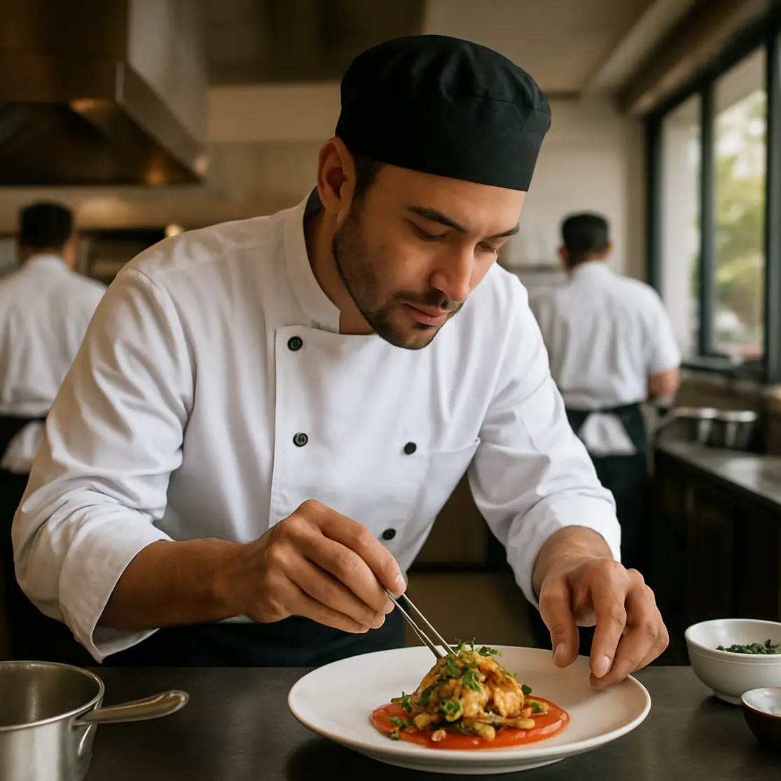 Chef em perfil finalizando prato na cozinha de restaurante em Brasília