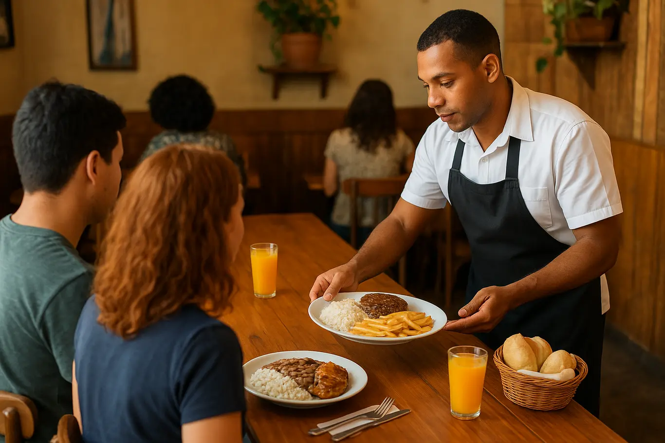 Mesa compartilhada com pratos econômicos e garçom em perfil servindo em restaurante popular de Brasília