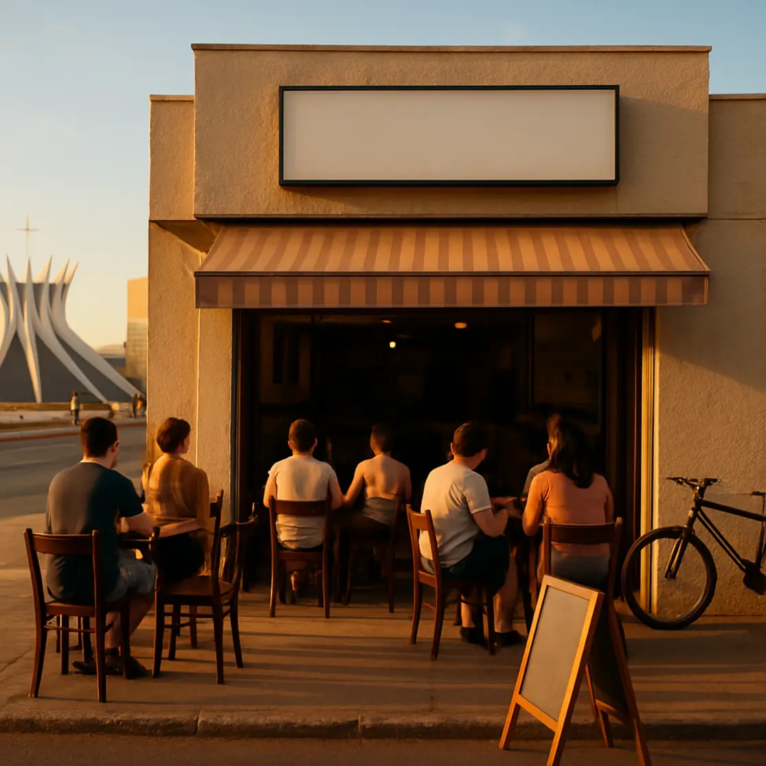 Fachada de restaurante simples em Brasília com mesas externas, clientes de costas e arquitetura moderna ao fundo