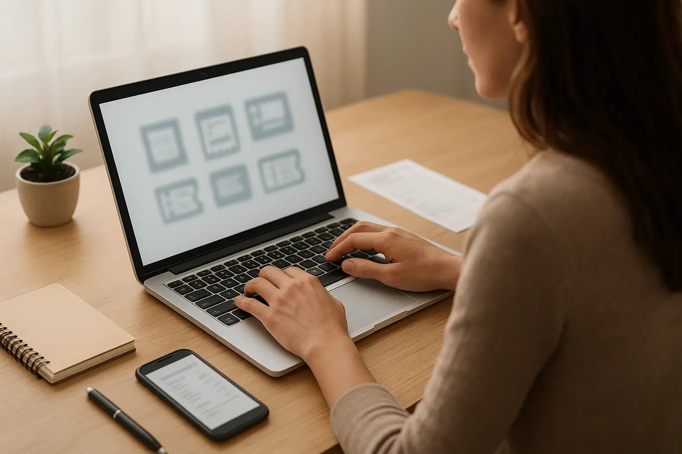 Pessoa de perfil operando laptop com comprovante impresso ao lado, ambiente de trabalho organizado.