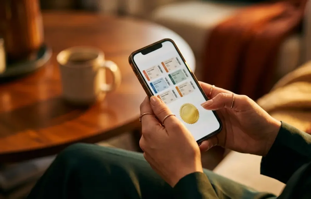 Como fazer rifa online com segurança, transparência e comprovantes Close-up de mãos segurando smartphone com miniaturas de bilhetes digitais desfocados.