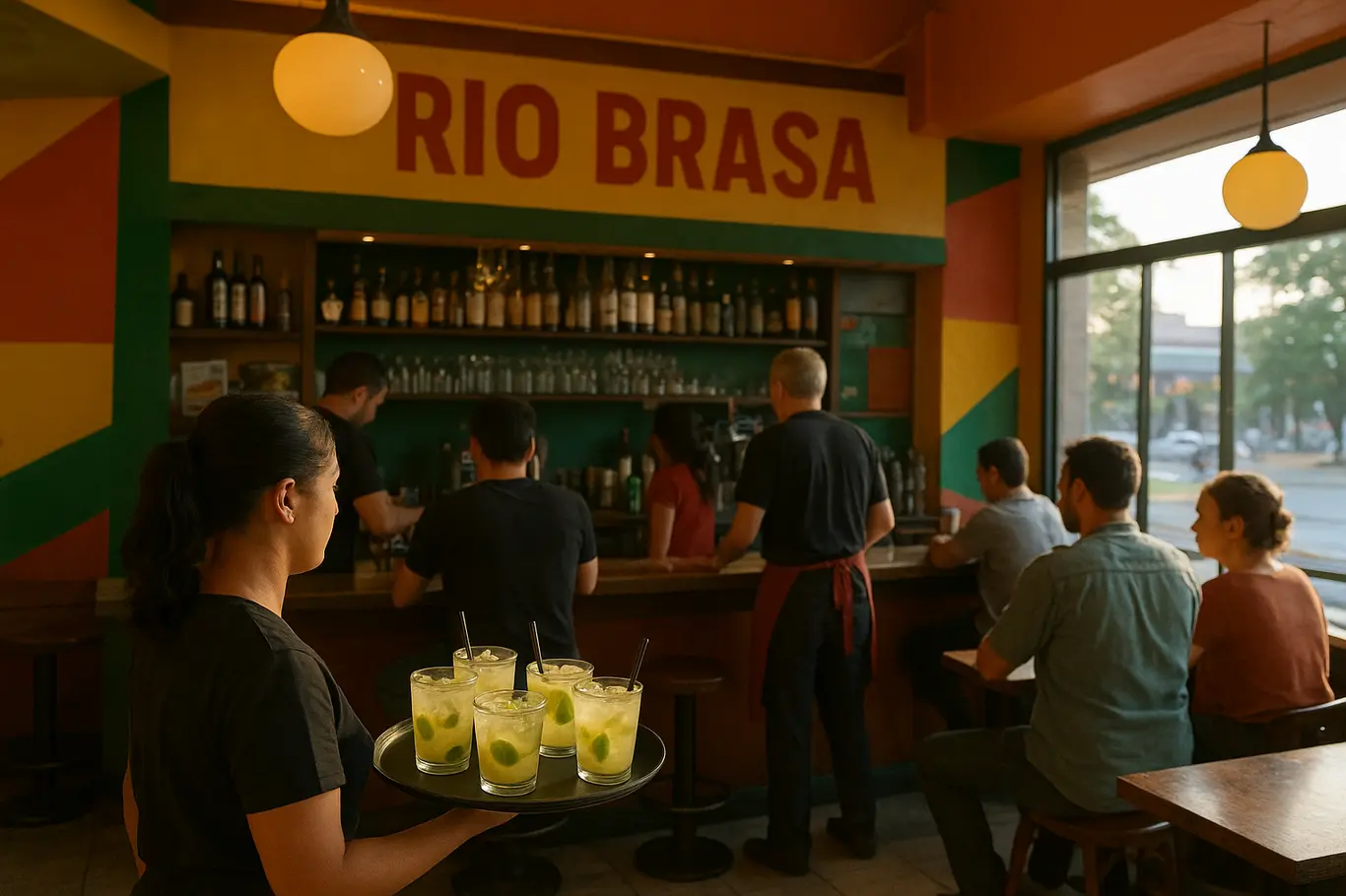 Visão ampla do balcão do Rio Brasa com várias caipirinhas em bandeja e clientes de costas