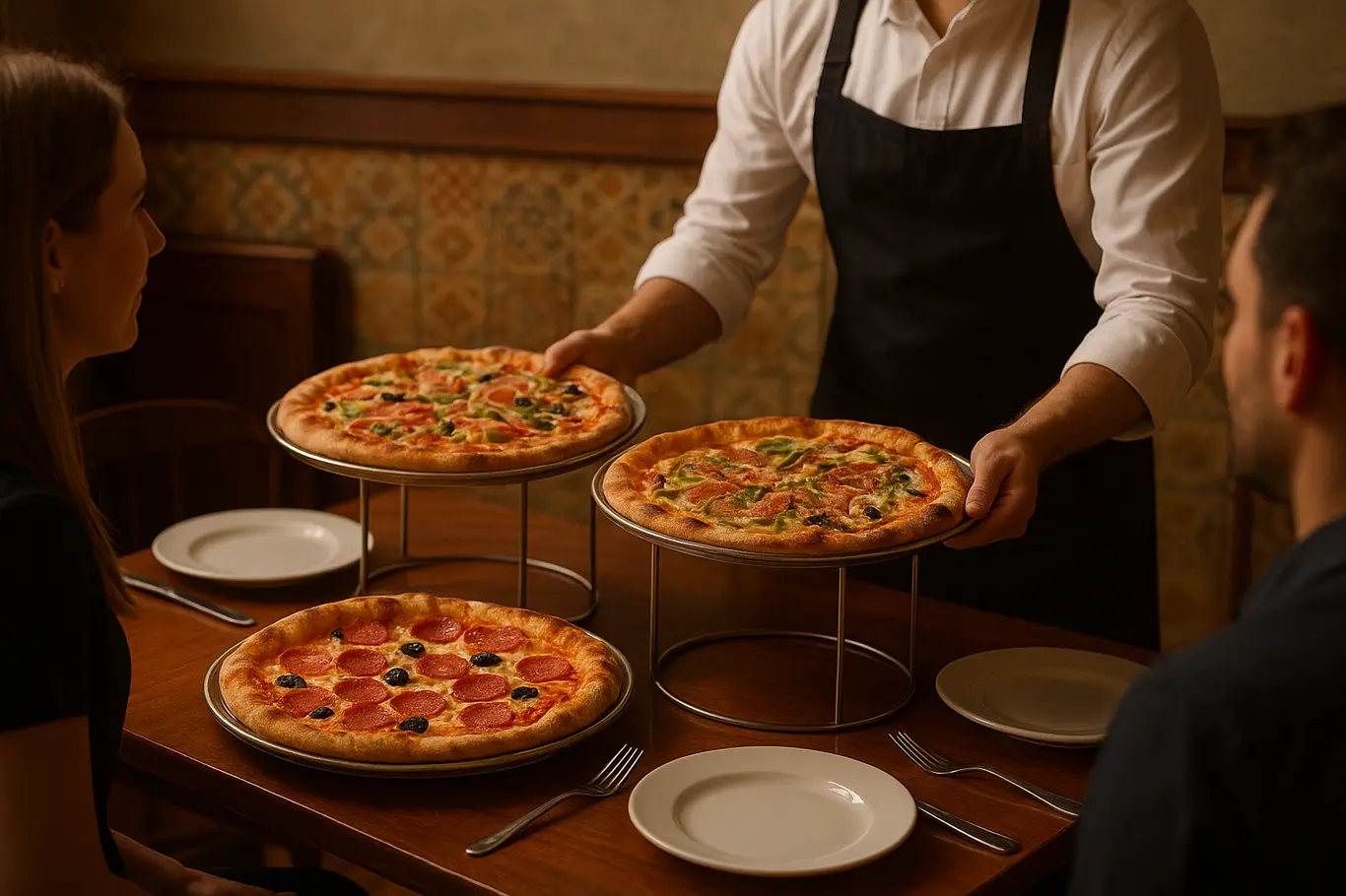 Mesa com várias pizzas e garçom servindo em 3/4, clientes em perfil
