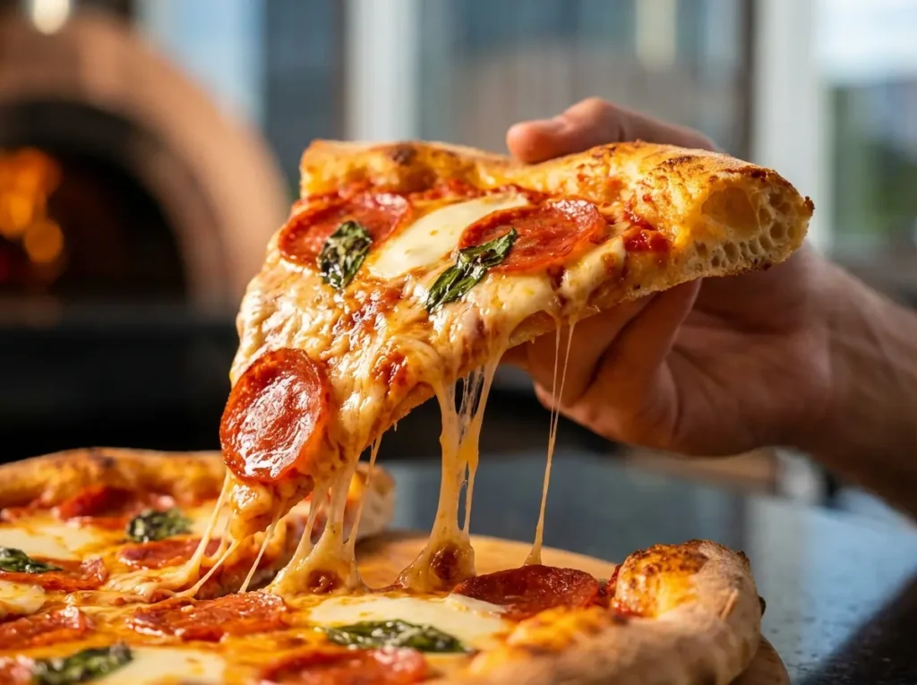 Rodízio de Pizza em Brasília: Os Melhores e Quanto Custam Close-up de fatia de pizza puxando queijo, forno desfocado ao fundo