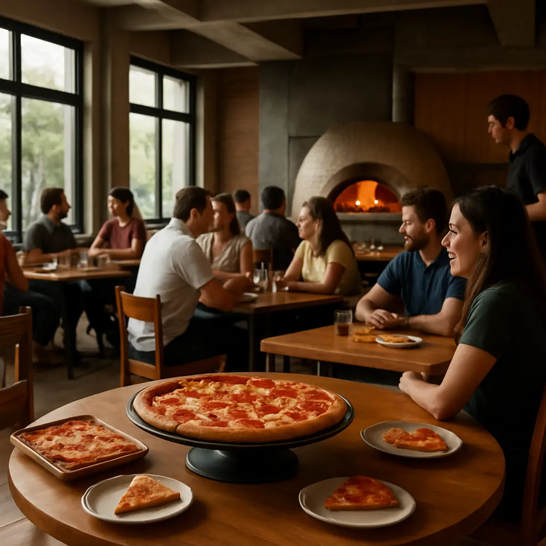 Salão amplo de pizzaria com forno à lenha e clientes de costas
