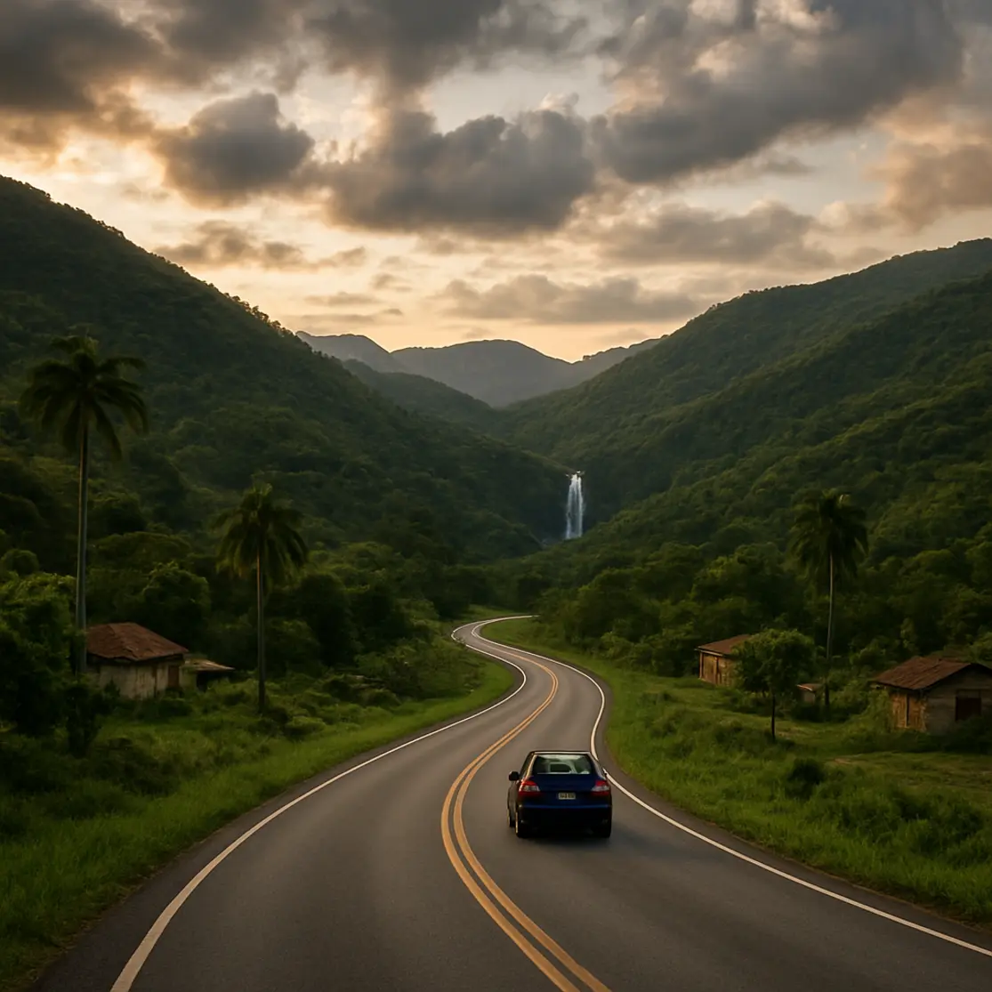 Estrada sinuosa pela mata atlântica com carro pequeno seguindo em direção a cachoeira