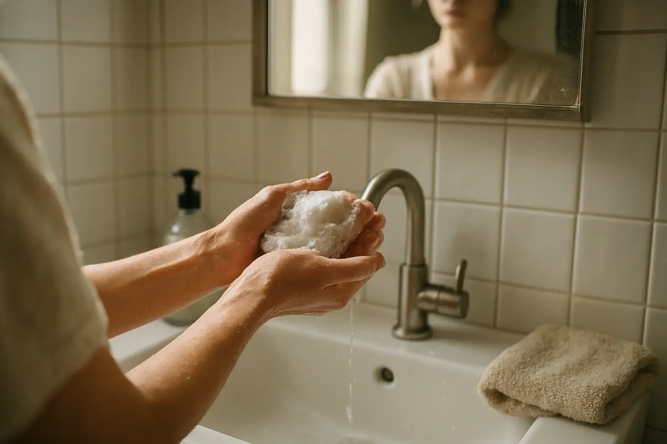 Mãos produzindo espuma com gel de limpeza no lavatório, espelho desfocado que não mostra o rosto.
