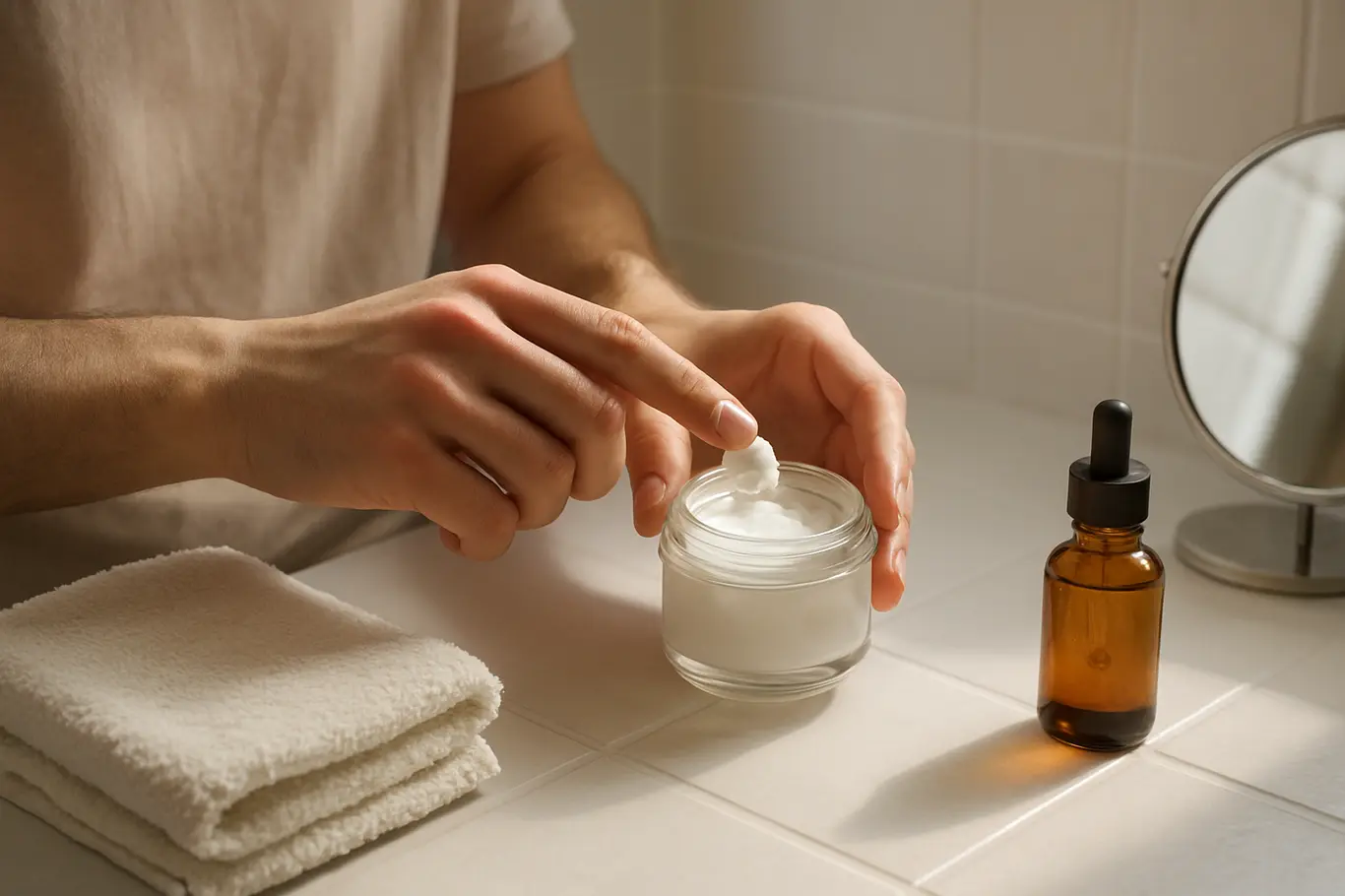 Mãos retirando creme de um pote no lavabo com luz suave da janela