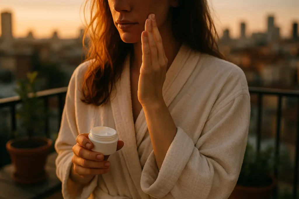 Rotina skincare para pele seca: 3 passos para hidratar Mulher aplicando hidratante na pele seca ao pôr do sol, rosto parcialmente cortado