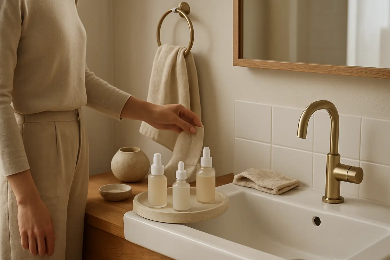Bancada com cleanser, serum e hidratante; pessoa alcançando uma toalha, rosto fora de quadro