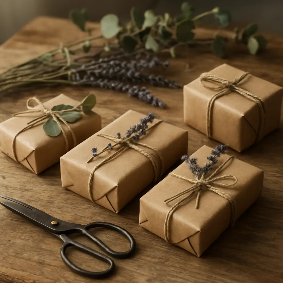 Sabonetes artesanais embrulhados em papel kraft com raminhos de eucalipto sobre mesa rústica