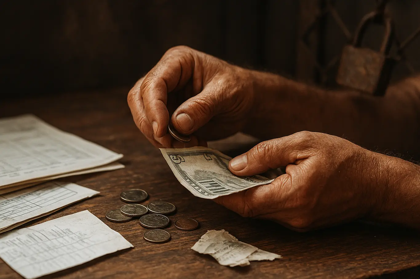 Close-up de mãos contando moedas e documentos amassados