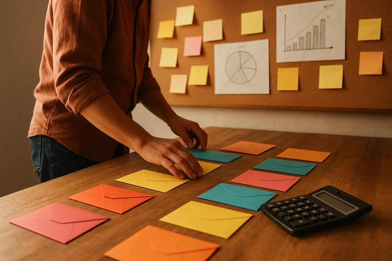 Cena aberta lateral de pessoa organizando envelopes coloridos e notas em painel, ambiente de planejamento