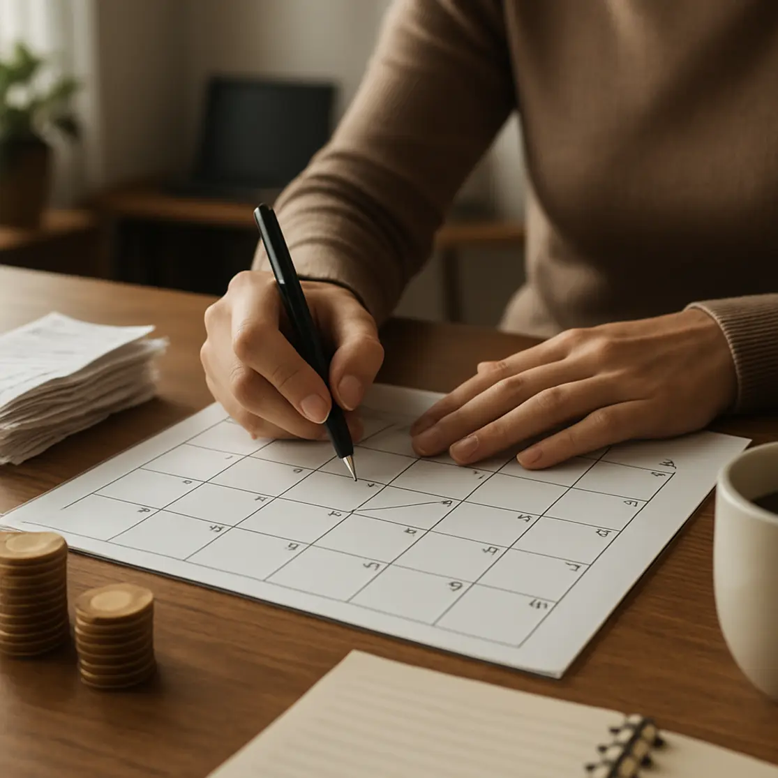 Detalhe de mãos sobre calendário e pilha de recibos em escritório doméstico organizado