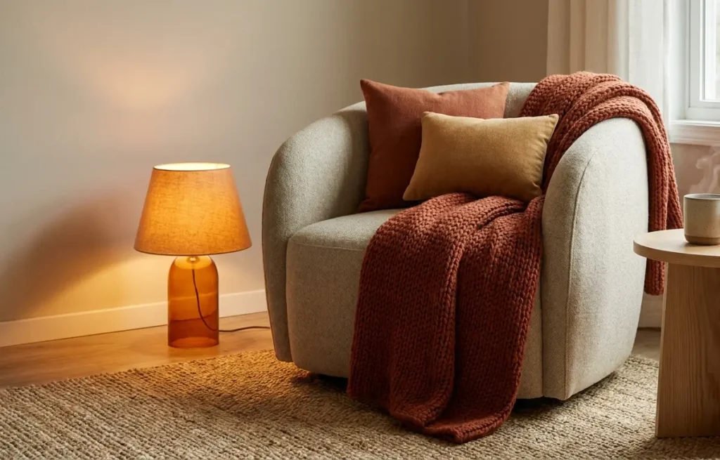 Poltrona com manta terracota e luz quente em sala de inverno