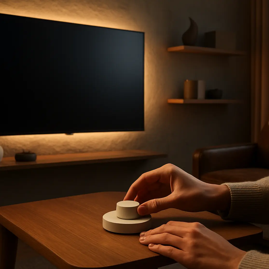 Detalhe de mãos ajustando dimmer perto da TV, destacando texturas do tecido, madeira e iluminação indireta