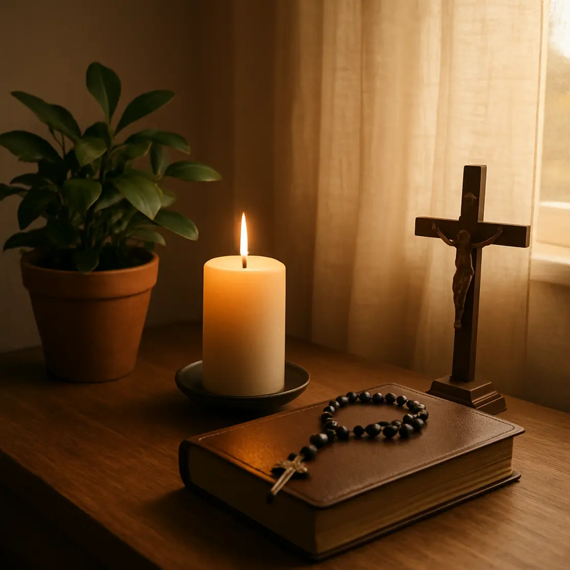 Canto de oração em casa com vela acesa, terço sobre bíblia e planta ao lado.