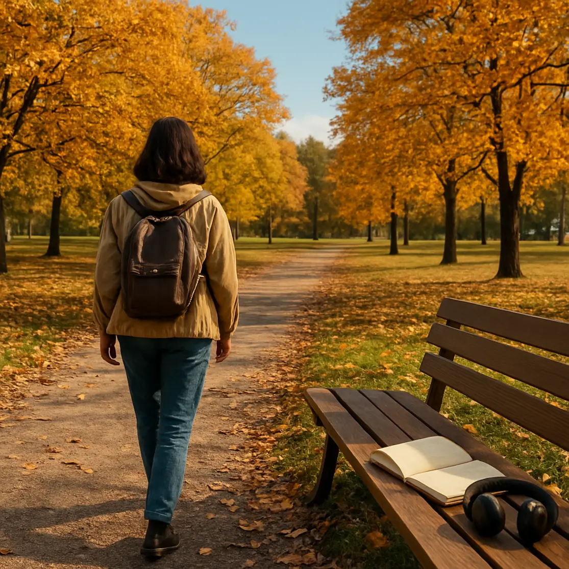 Pessoa de costas caminhando em parque com árvores de maio e um banco com diário, cena ambiental