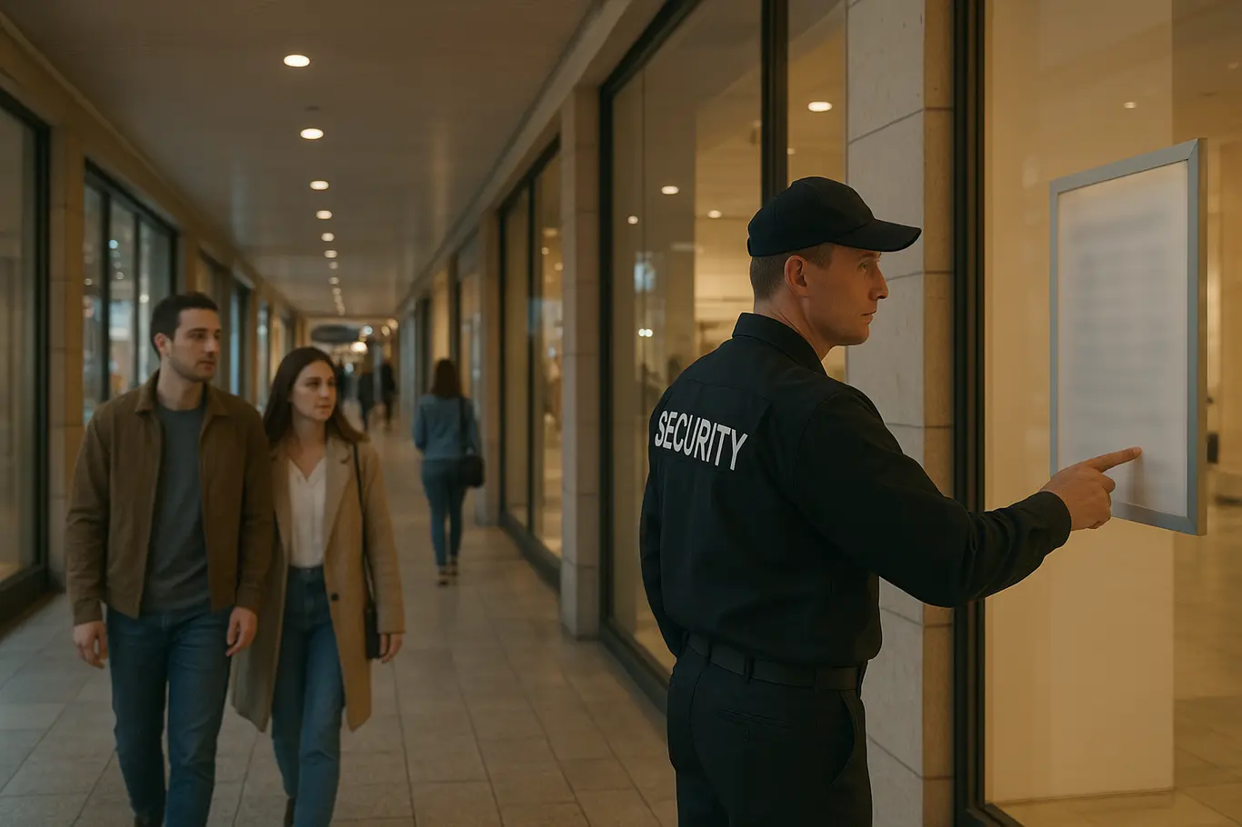 Corredor interno de shopping com pessoas em perfil e segurança apontando para cartaz borrado