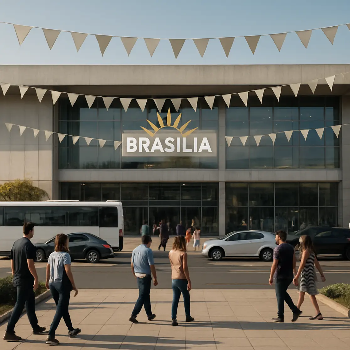 Fachada externa de shopping em Brasília com praça frontal e pessoas em perfis