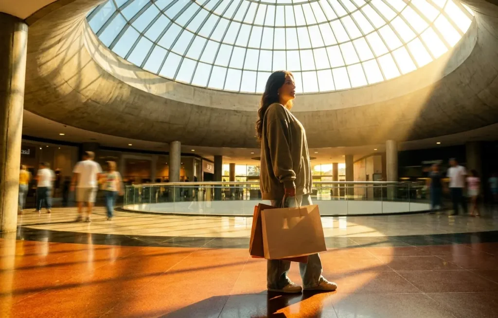 Pessoa em perfil 3/4 segurando sacolas dentro de shopping de Brasília, luz dourada e arquitetura moderna