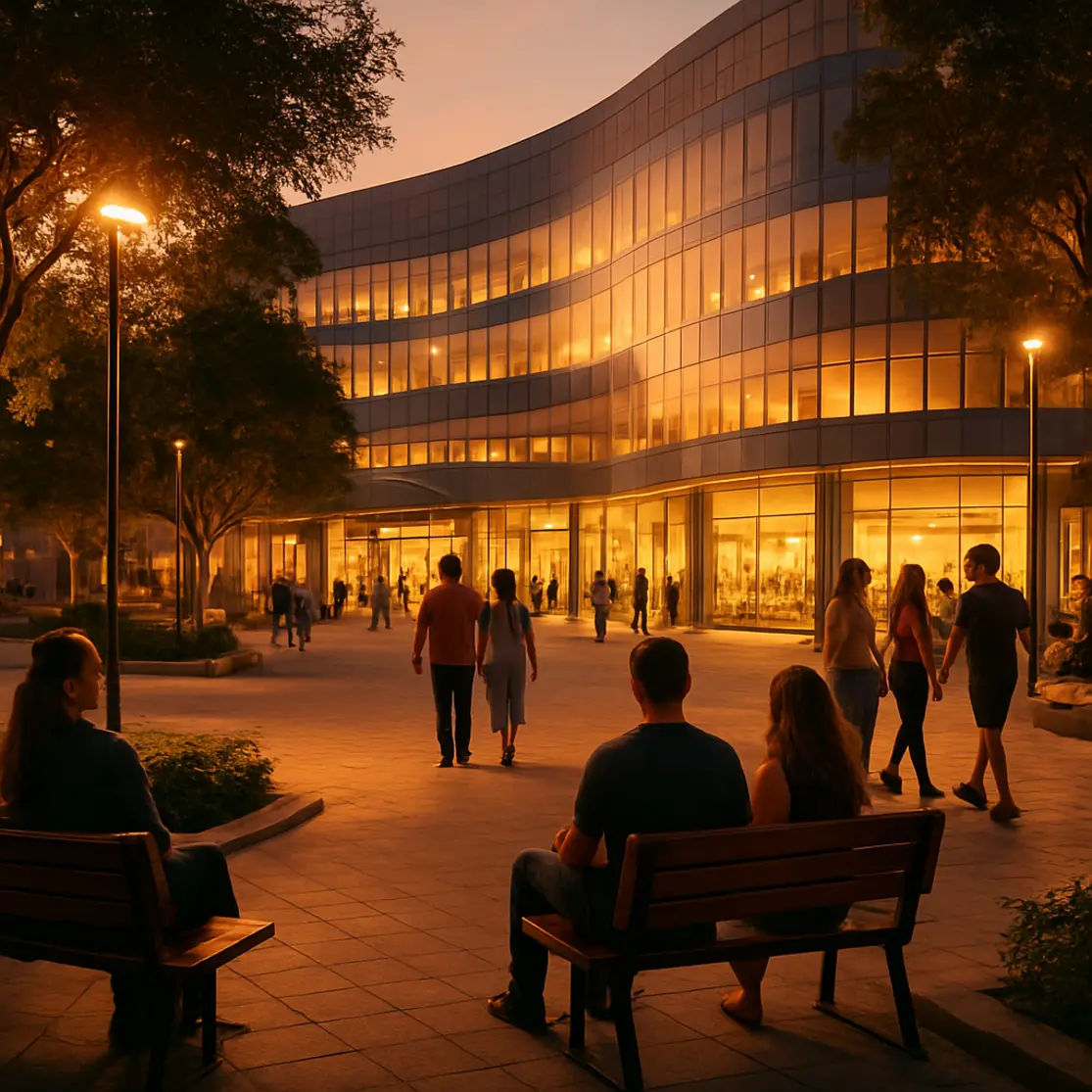 Praça externa em frente a shopping de Brasília ao entardecer com pessoas e luzes quentes