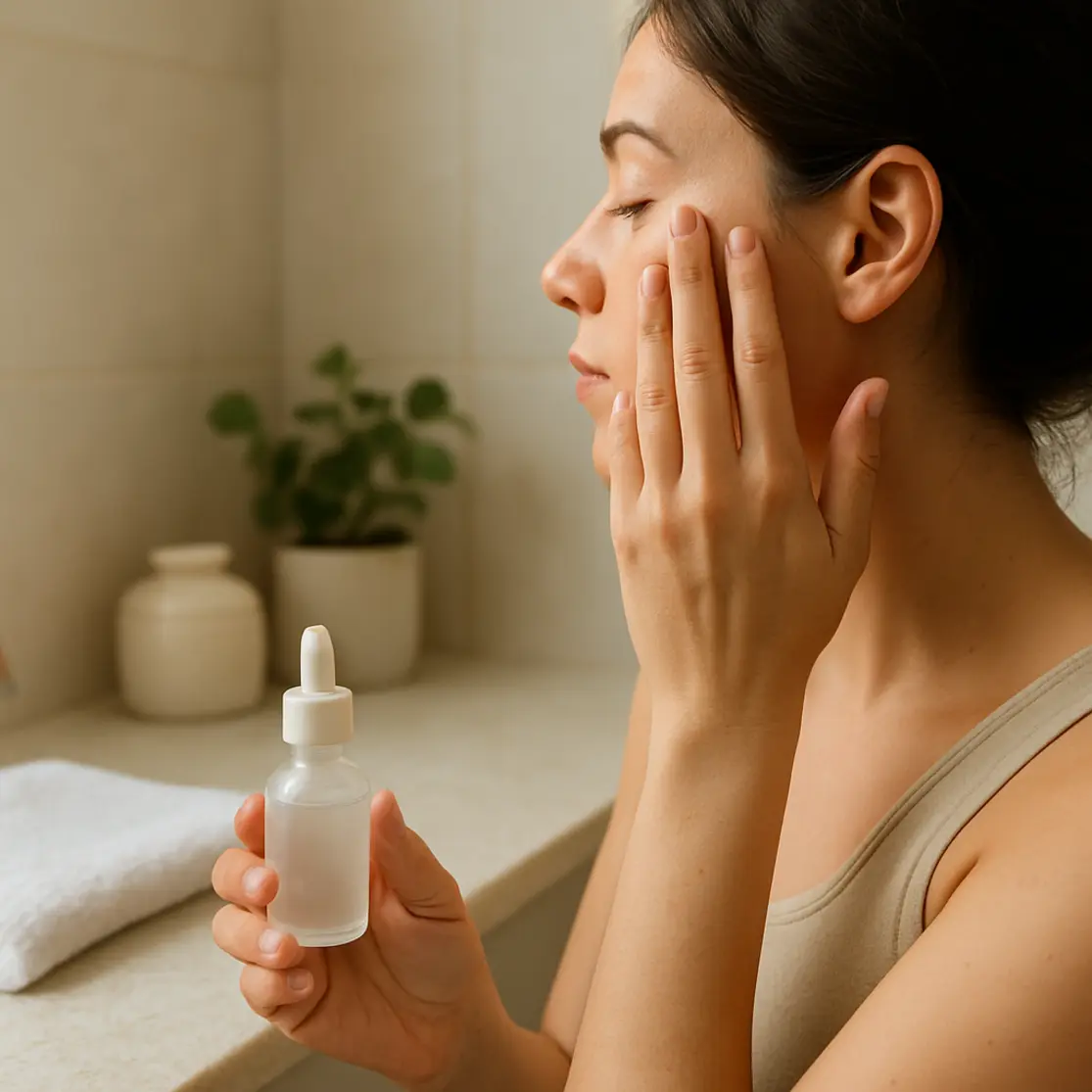 Mulher em 3/4 aplicando sérum, bancada com produto