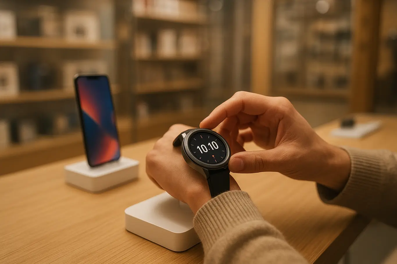 Mãos experimentando smartwatch em pedestal dentro de loja tecnológica, smartphone desfocado ao fundo