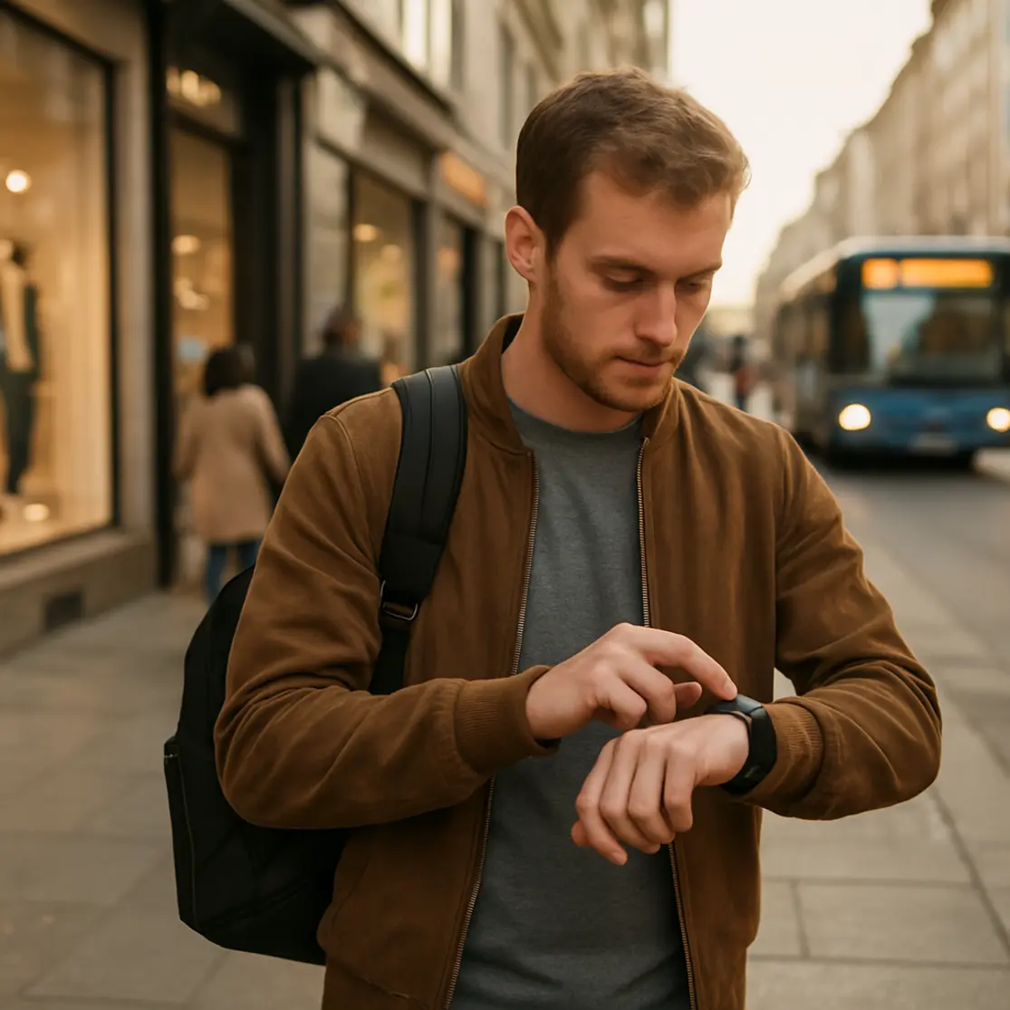 Pessoa consultando smartwatch enquanto caminha na cidade, smartphone guardado na mochila