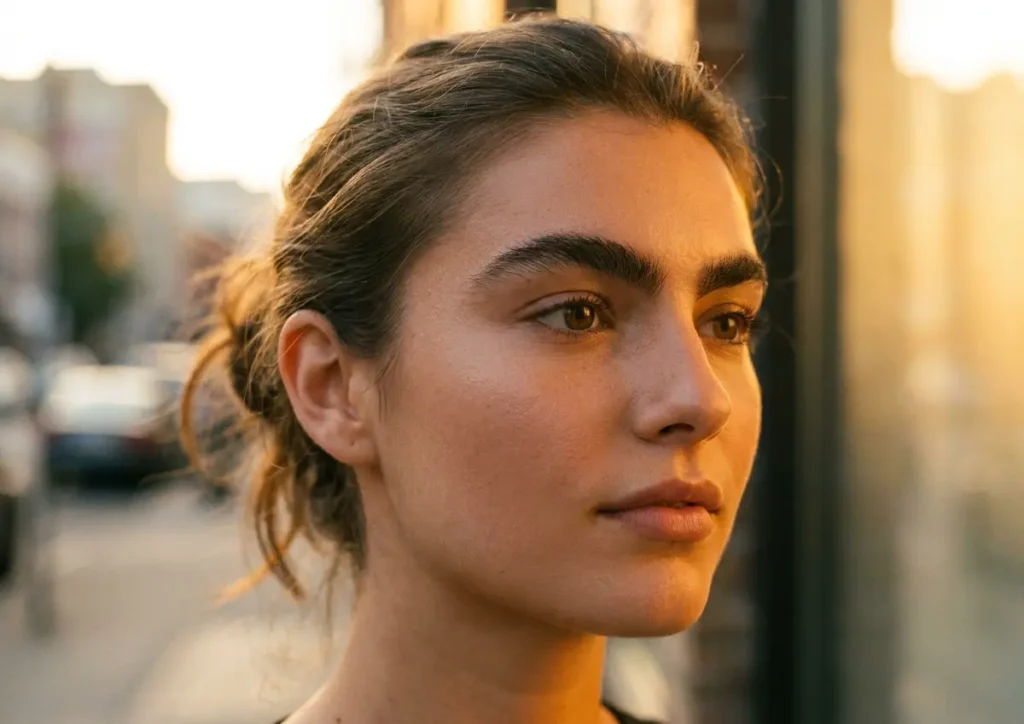 Mulher em 3/4 com sobrancelhas grossas e naturais em destaque